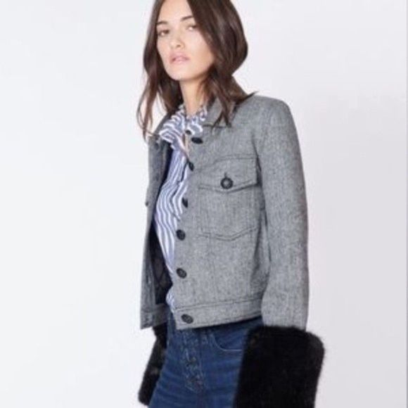 Veronica  Beard Burke Herringbone Cropped Jacket 100% Wool 100% Faux Fur - Picture 3 of 16